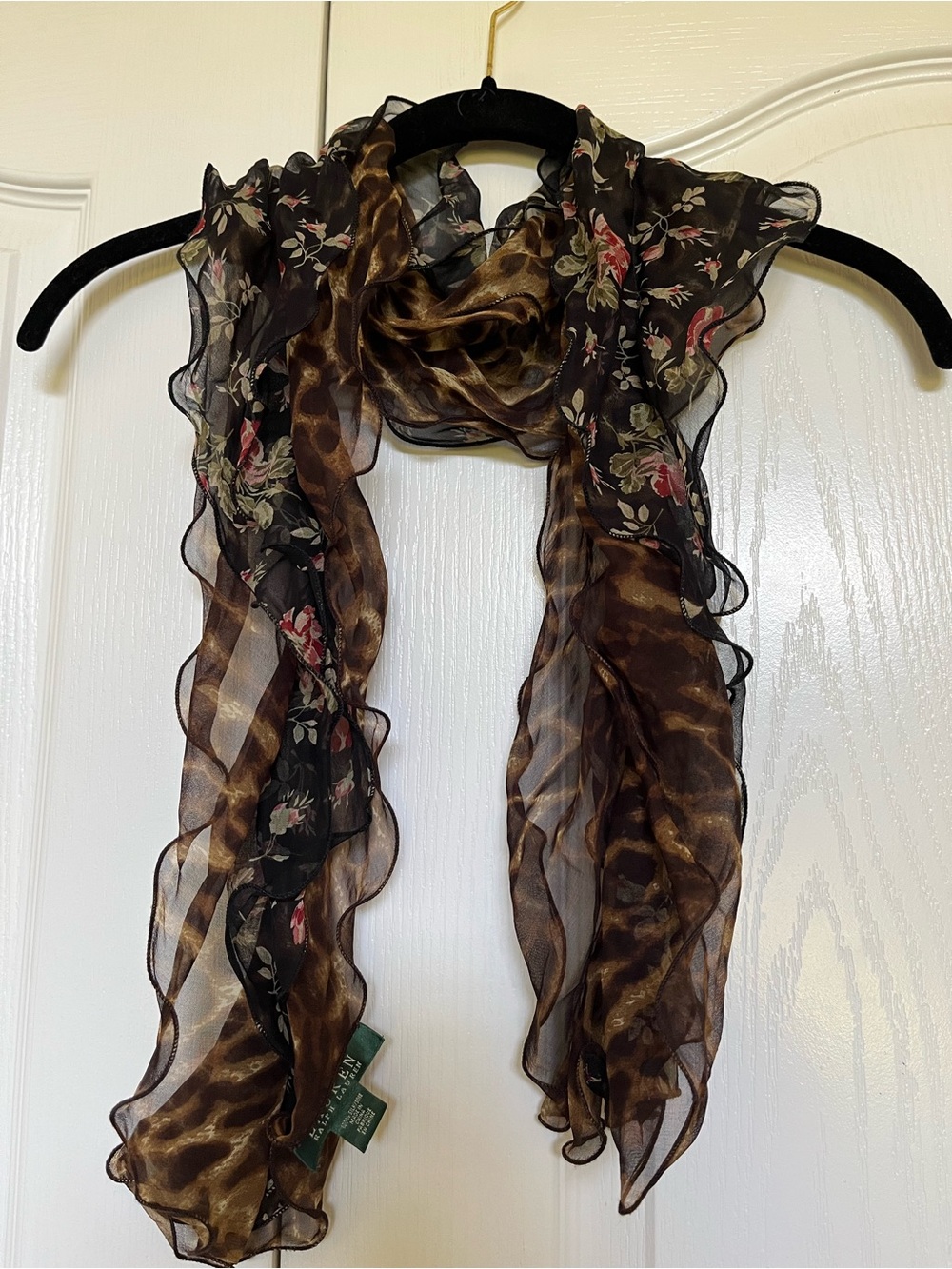 Polo by Ralph Lauren Black Floral & Brown Animal Print Ruffle Scarf
